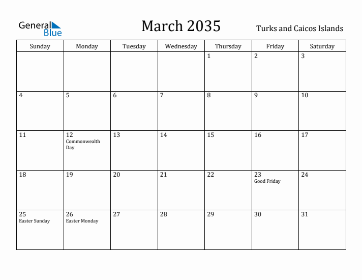 March 2035 Calendar Turks and Caicos Islands
