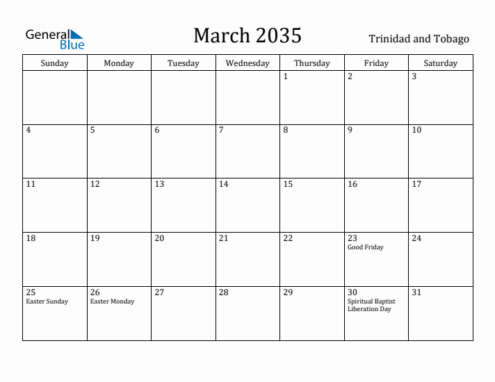 March 2035 Calendar Trinidad and Tobago