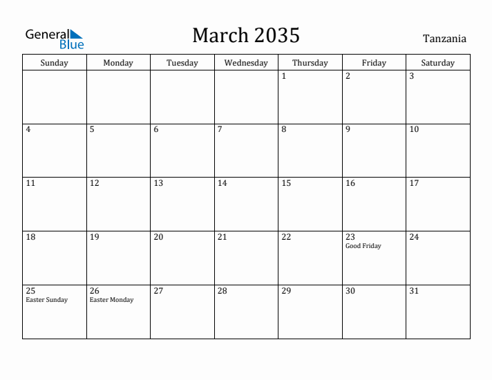 March 2035 Calendar Tanzania