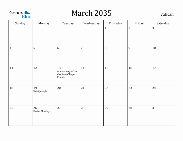 March 2035 Calendar Vatican