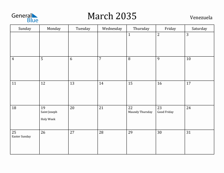 March 2035 Calendar Venezuela