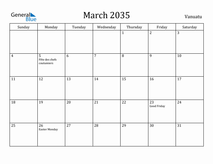 March 2035 Calendar Vanuatu