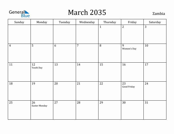 March 2035 Calendar Zambia