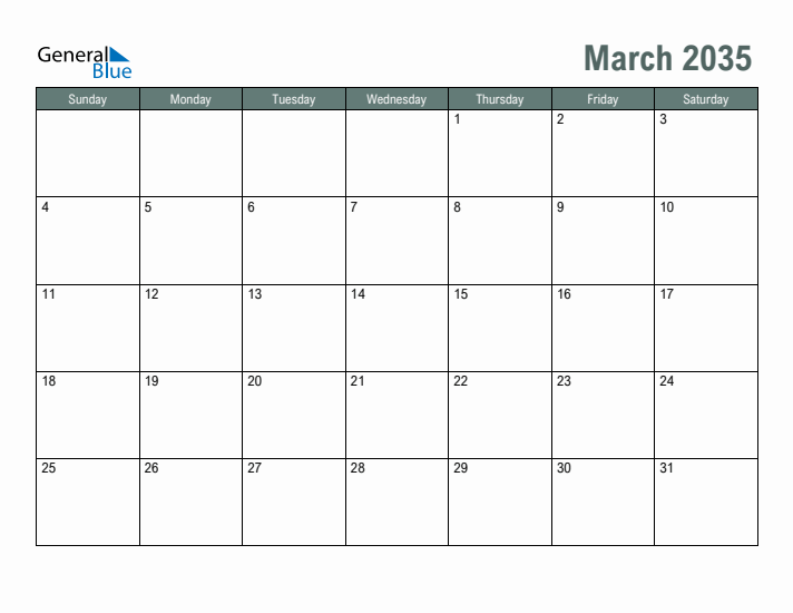 Free Printable March 2035 Calendar