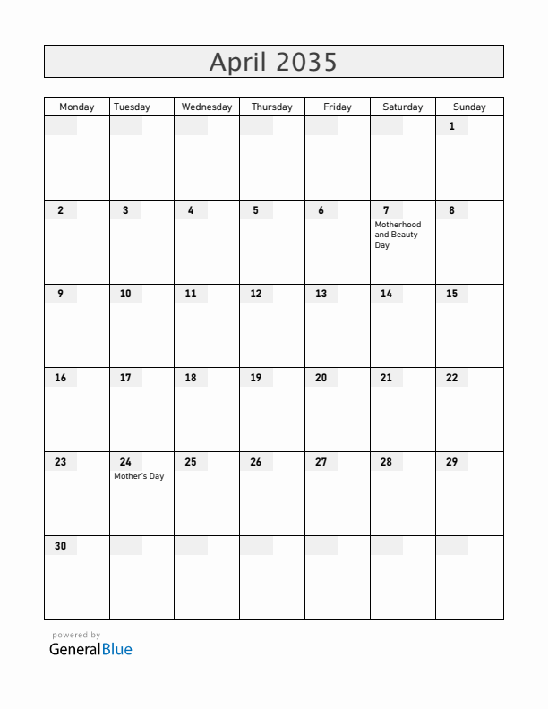Armenia April 2035 Calendar with Holidays