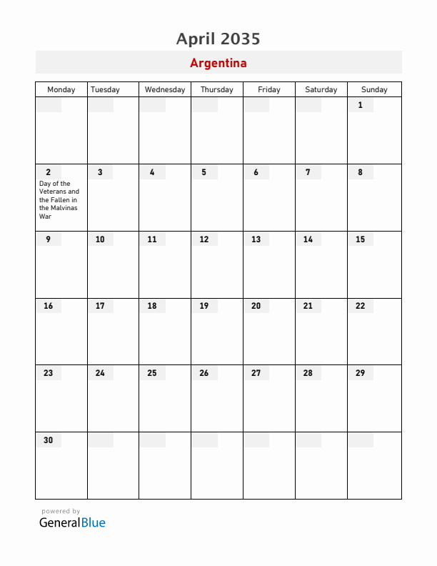 Argentina April 2035 Calendar with Holidays
