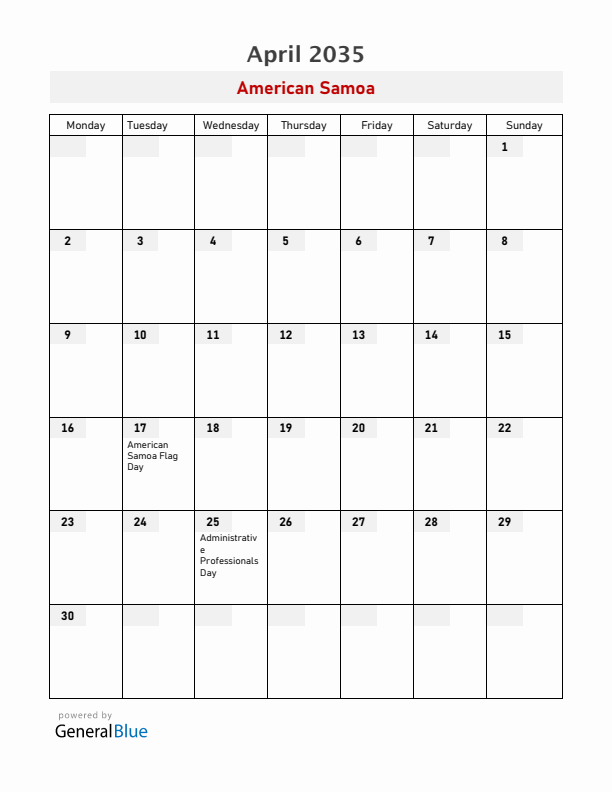 American Samoa April 2035 Calendar with Holidays