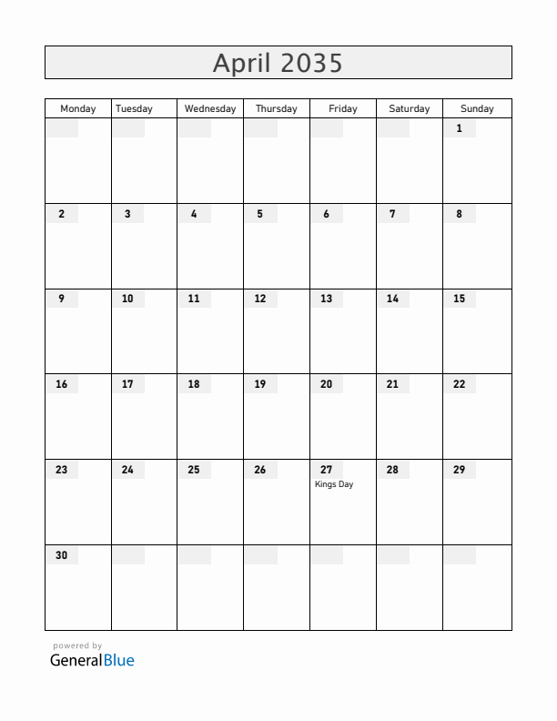 Aruba April 2035 Calendar with Holidays