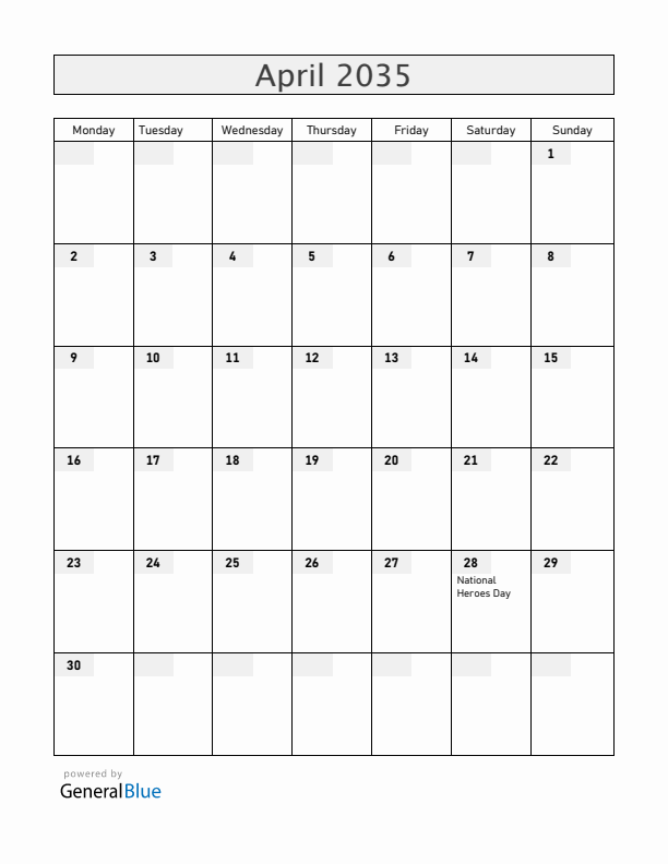 Barbados April 2035 Calendar with Holidays
