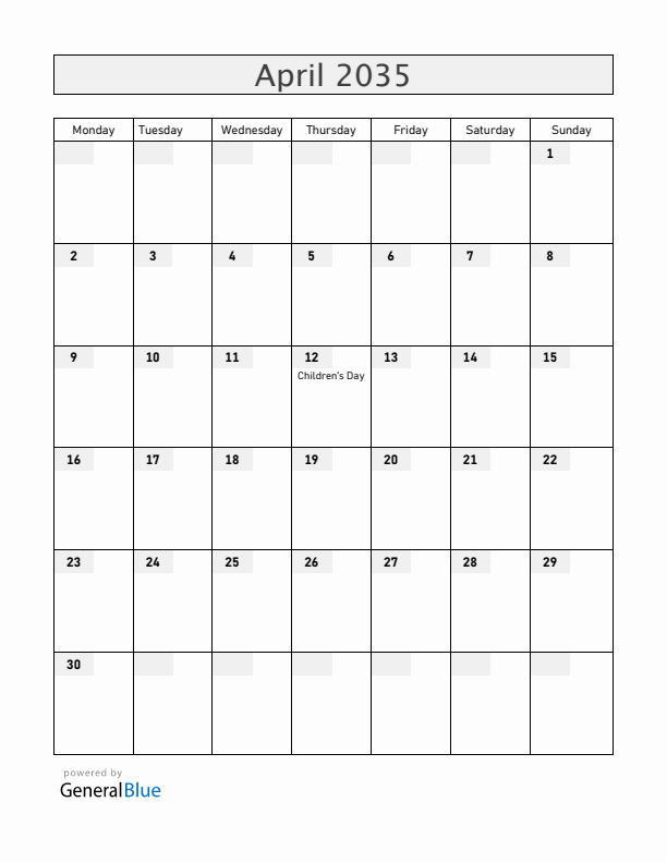 Bolivia April 2035 Calendar with Holidays