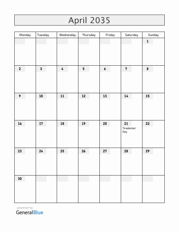 Brazil April 2035 Calendar with Holidays