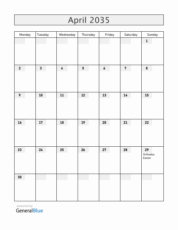 Belarus April 2035 Calendar with Holidays