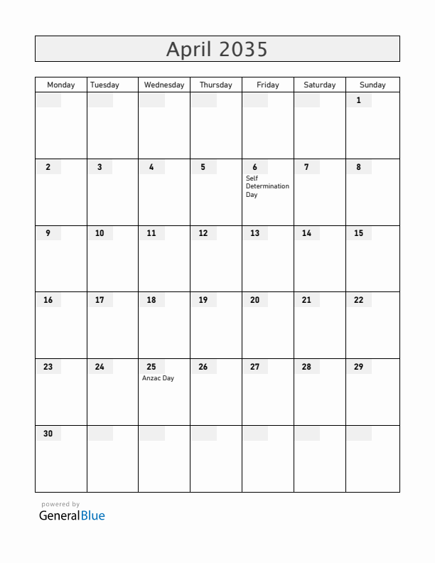 Cocos Islands April 2035 Calendar with Holidays