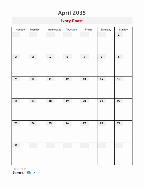 Ivory Coast April 2035 Calendar with Holidays