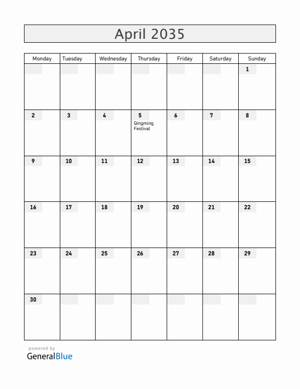 China April 2035 Calendar with Holidays