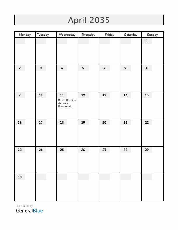 Costa Rica April 2035 Calendar with Holidays