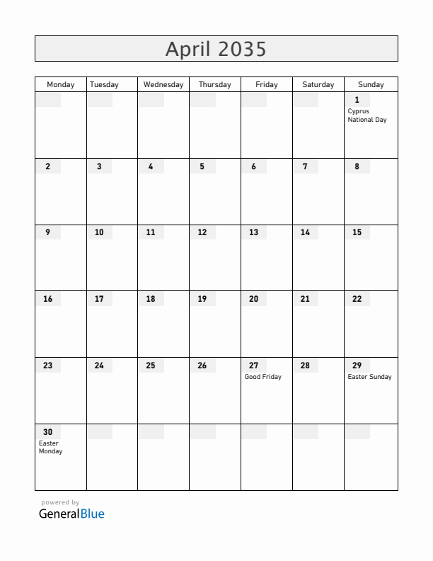Cyprus April 2035 Calendar with Holidays
