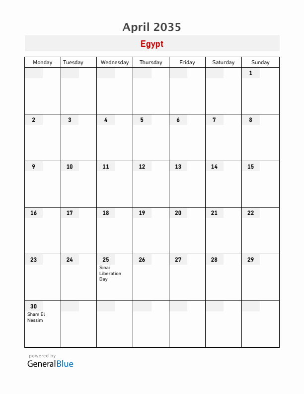 Egypt April 2035 Calendar with Holidays