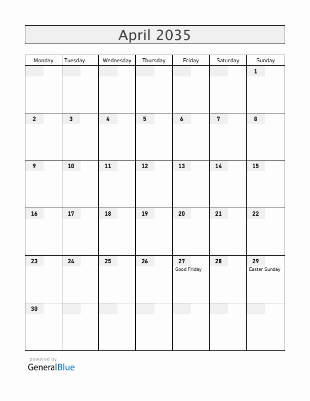 Ethiopia April 2035 Calendar with Holidays
