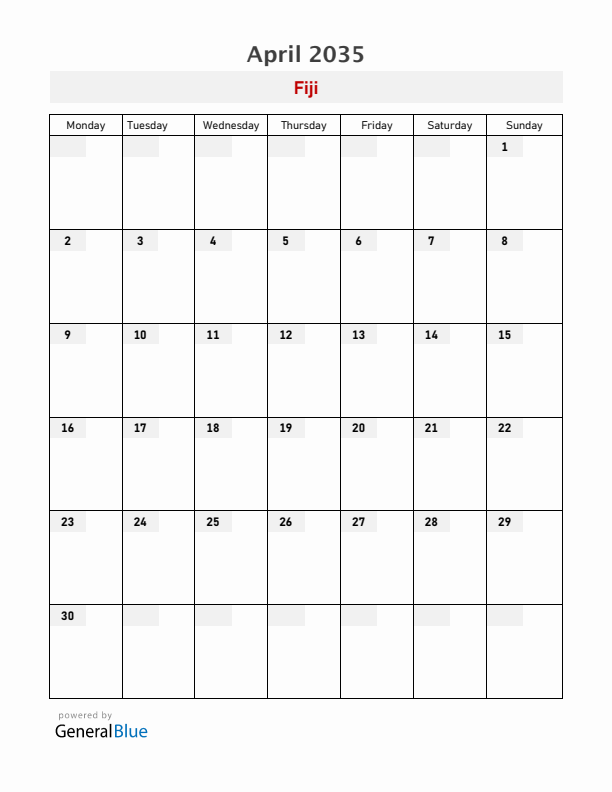 Fiji April 2035 Calendar with Holidays