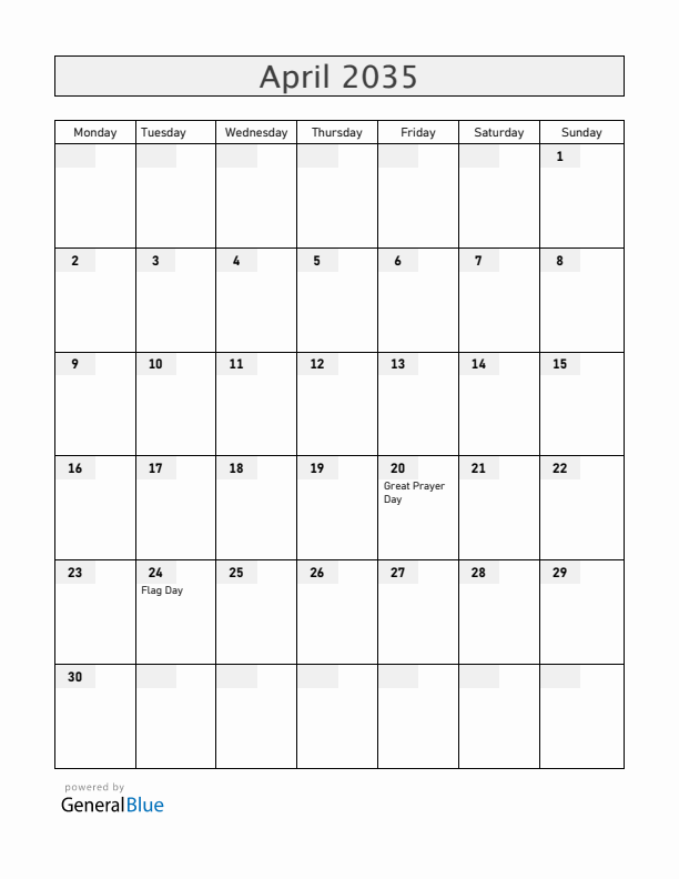 Faroe Islands April 2035 Calendar with Holidays