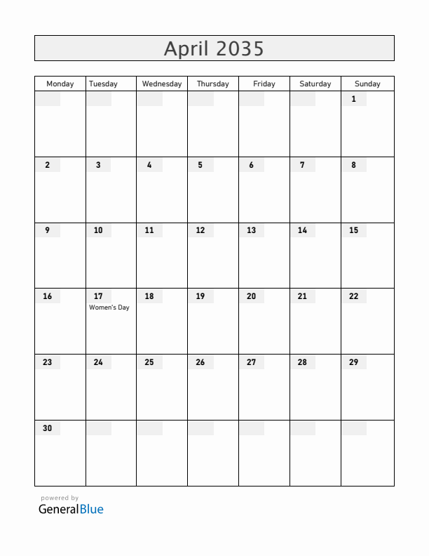 Gabon April 2035 Calendar with Holidays