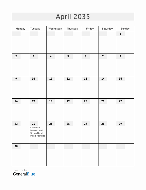 Grenada April 2035 Calendar with Holidays