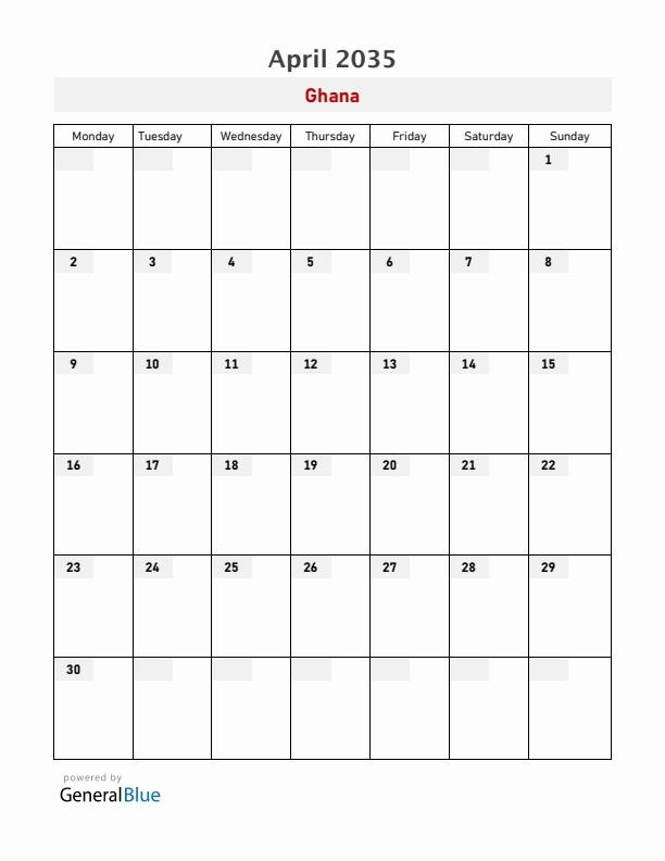 Ghana April 2035 Calendar with Holidays