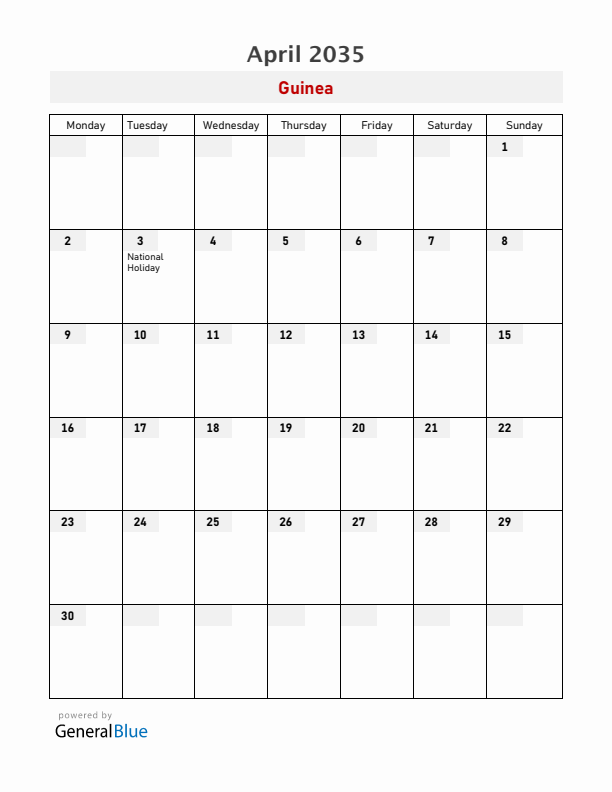 Guinea April 2035 Calendar with Holidays