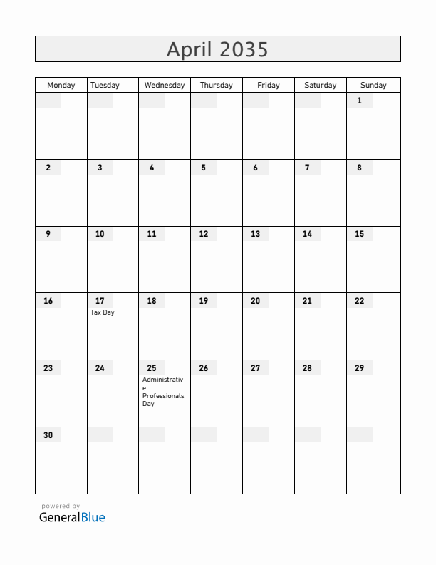 Guam April 2035 Calendar with Holidays