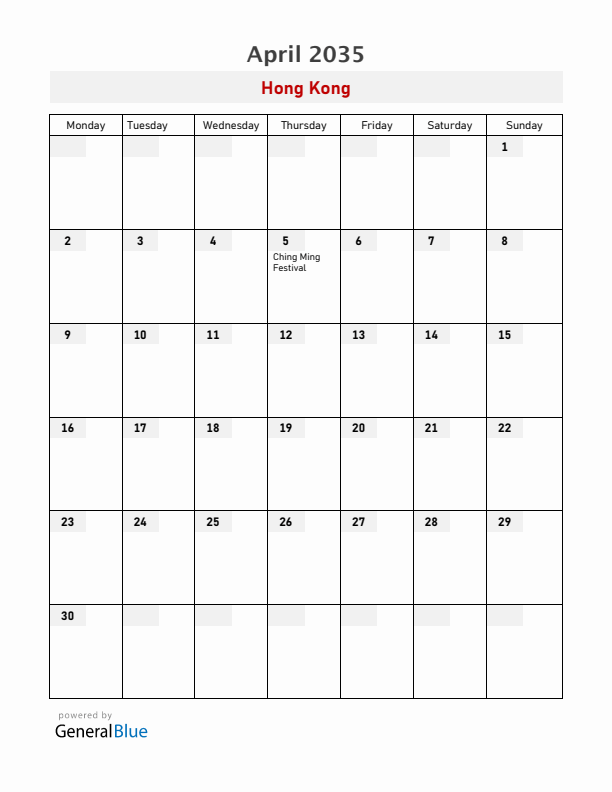 Hong Kong April 2035 Calendar with Holidays