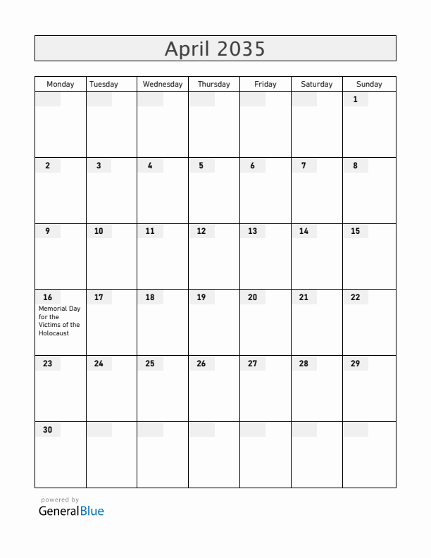 Hungary April 2035 Calendar with Holidays