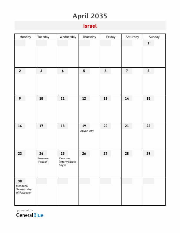 Israel April 2035 Calendar with Holidays