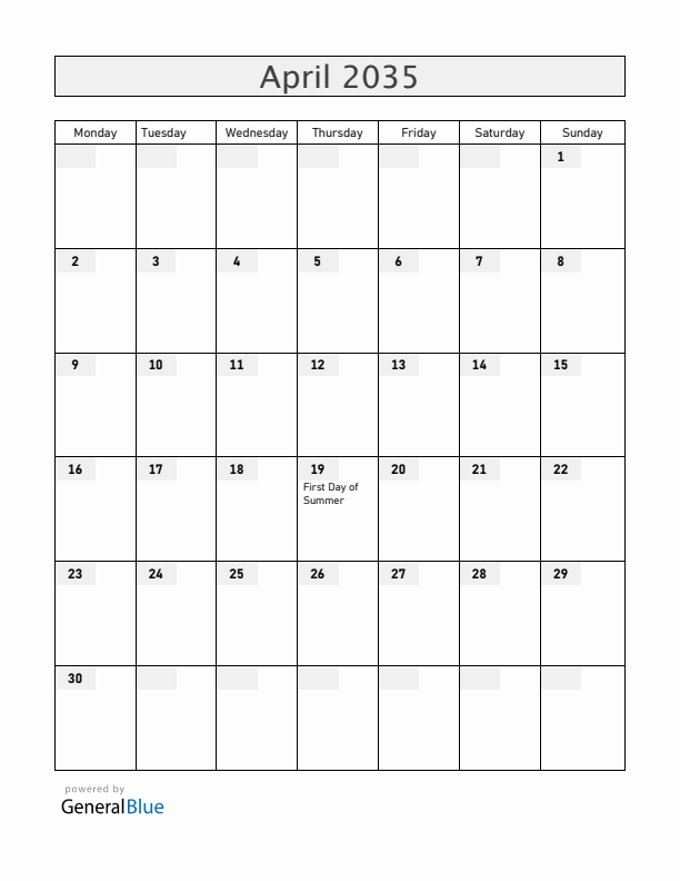 Iceland April 2035 Calendar with Holidays