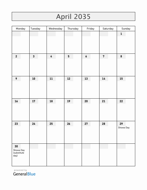 Japan April 2035 Calendar with Holidays