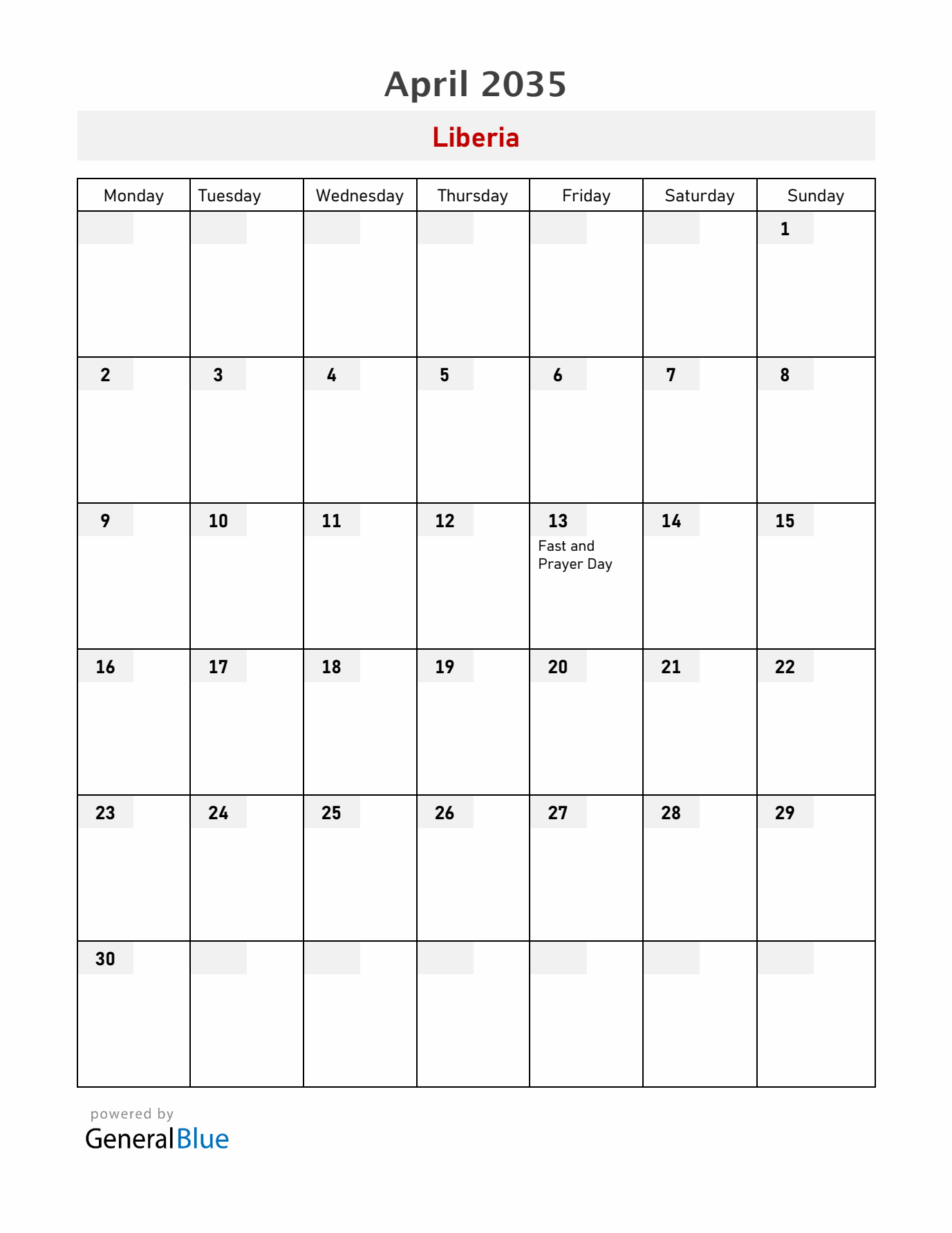 Liberia April 2035 Calendar with Holidays