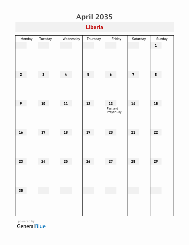 Liberia April 2035 Calendar with Holidays