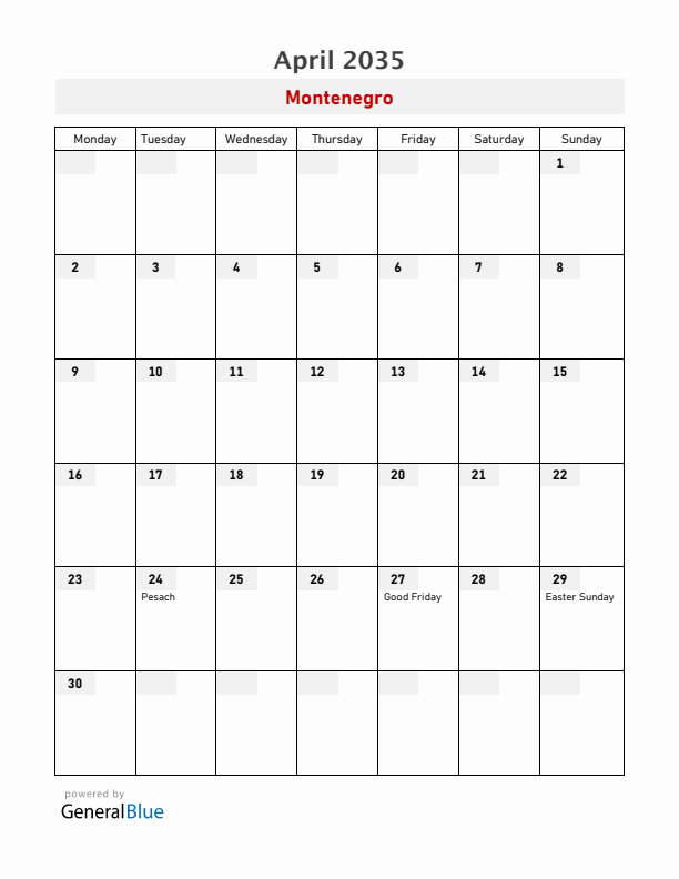 Montenegro April 2035 Calendar with Holidays