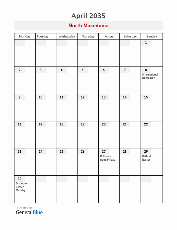 North Macedonia April 2035 Calendar with Holidays