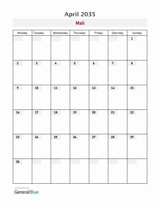 Mali April 2035 Calendar with Holidays