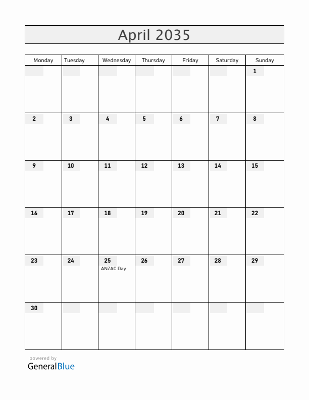 New Zealand April 2035 Calendar with Holidays