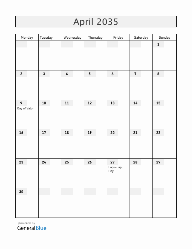 Philippines April 2035 Calendar with Holidays