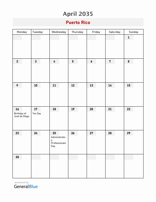 Puerto Rico April 2035 Calendar with Holidays