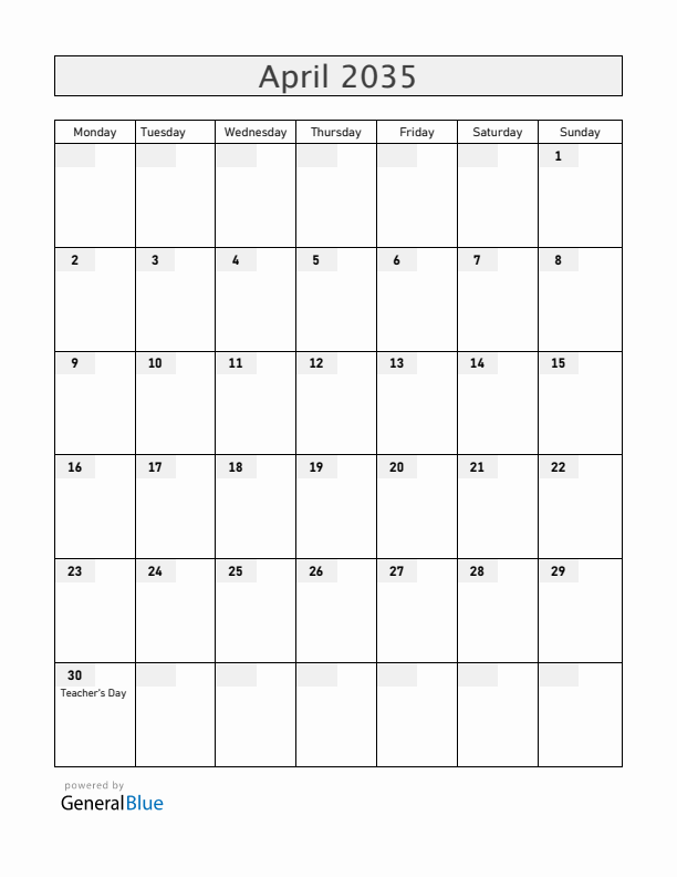 Paraguay April 2035 Calendar with Holidays