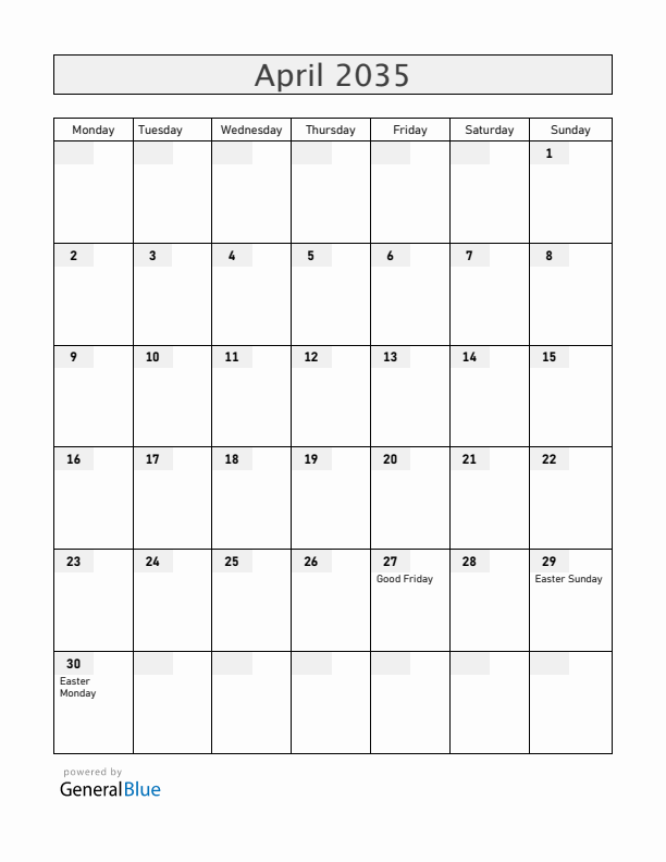 Romania April 2035 Calendar with Holidays