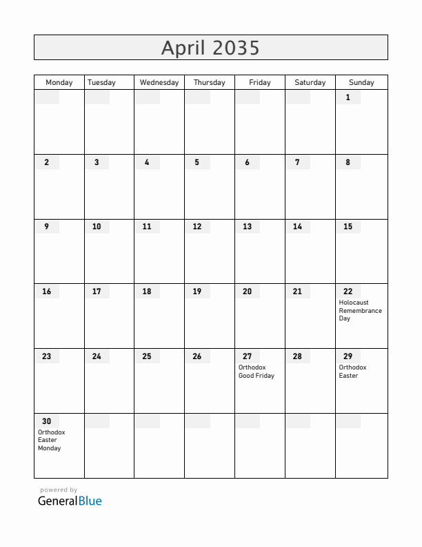 Serbia April 2035 Calendar with Holidays