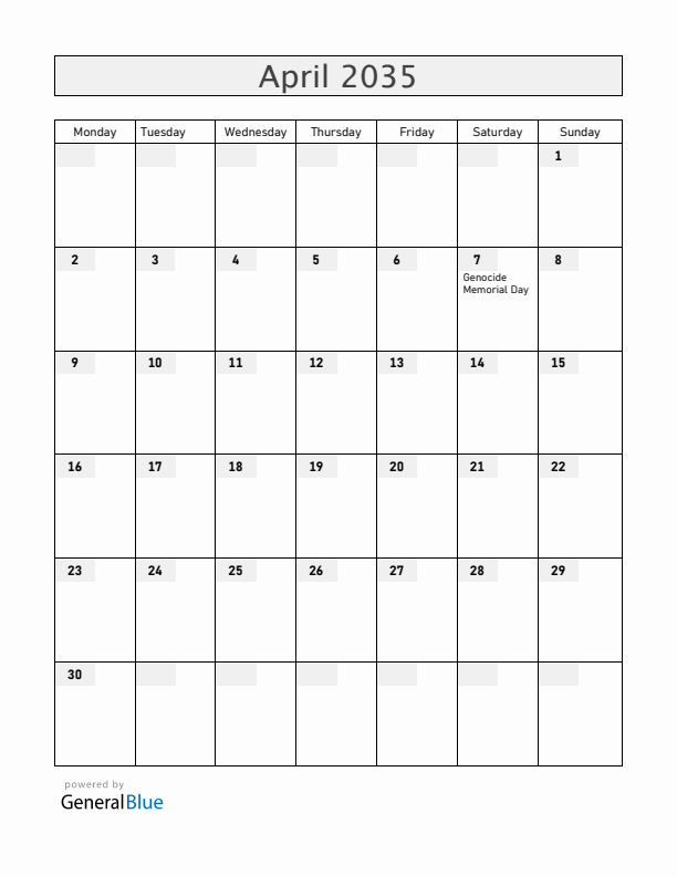 Rwanda April 2035 Calendar with Holidays