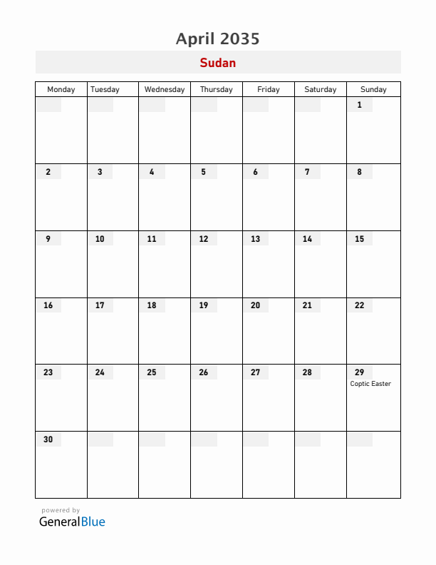 Sudan April 2035 Calendar with Holidays