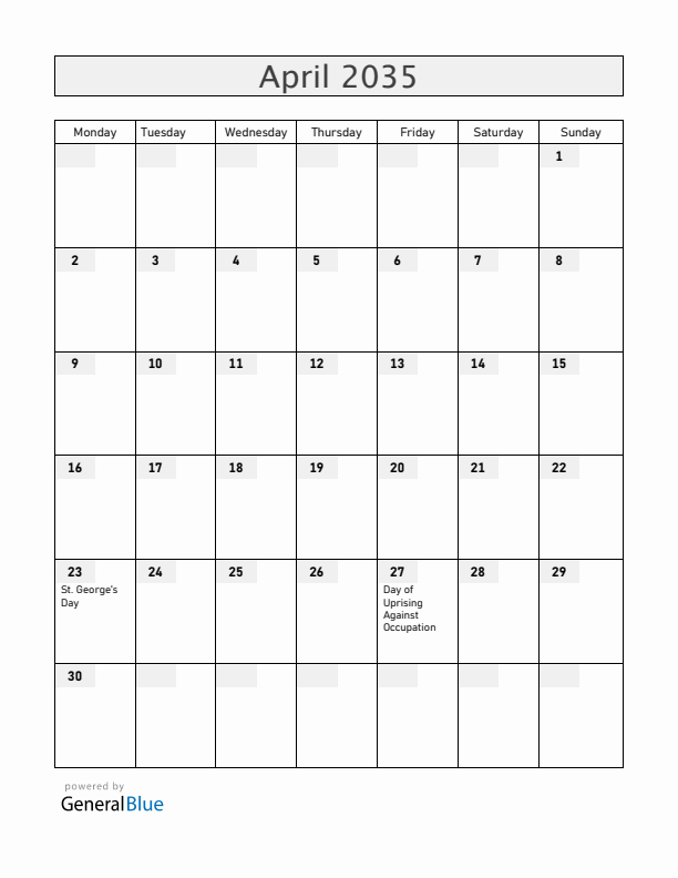 Slovenia April 2035 Calendar with Holidays