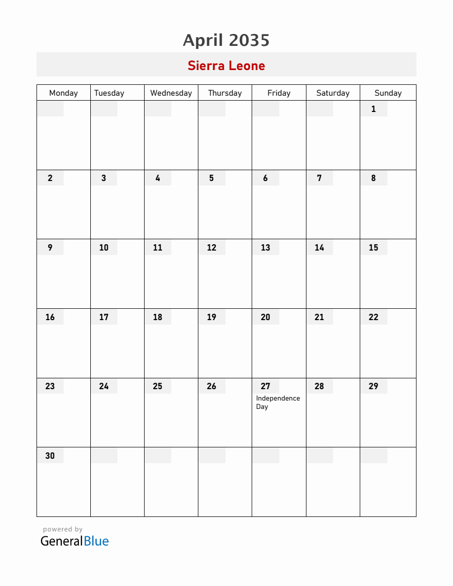 Sierra Leone April 2035 Calendar with Holidays (Monday Start)